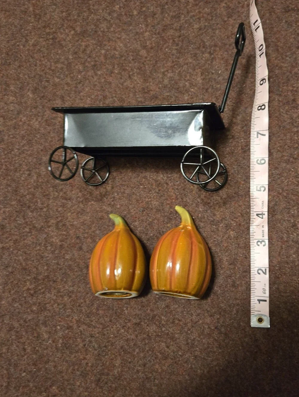 Pumpkin Salt And Pepper Shakers In Metal Wagon